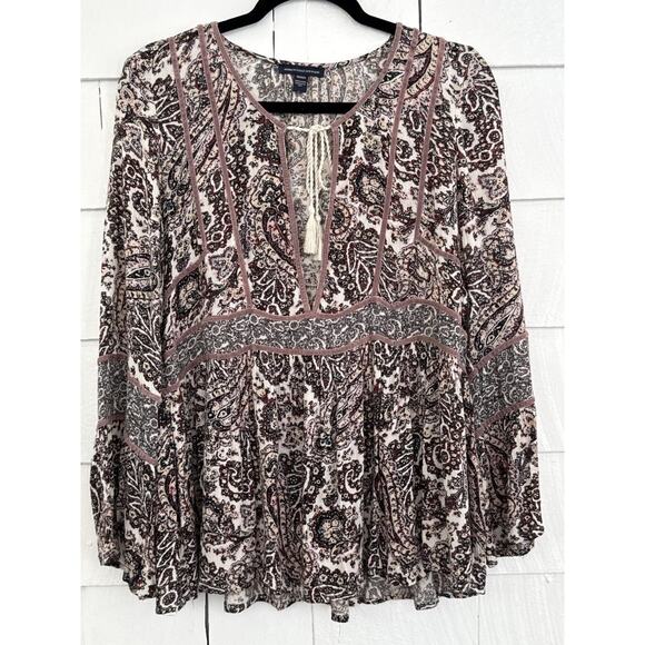 American Eagle Women M Boho Peasant Top Paisley Flowy Romantic Victorian Cottage - Picture 1 of 11